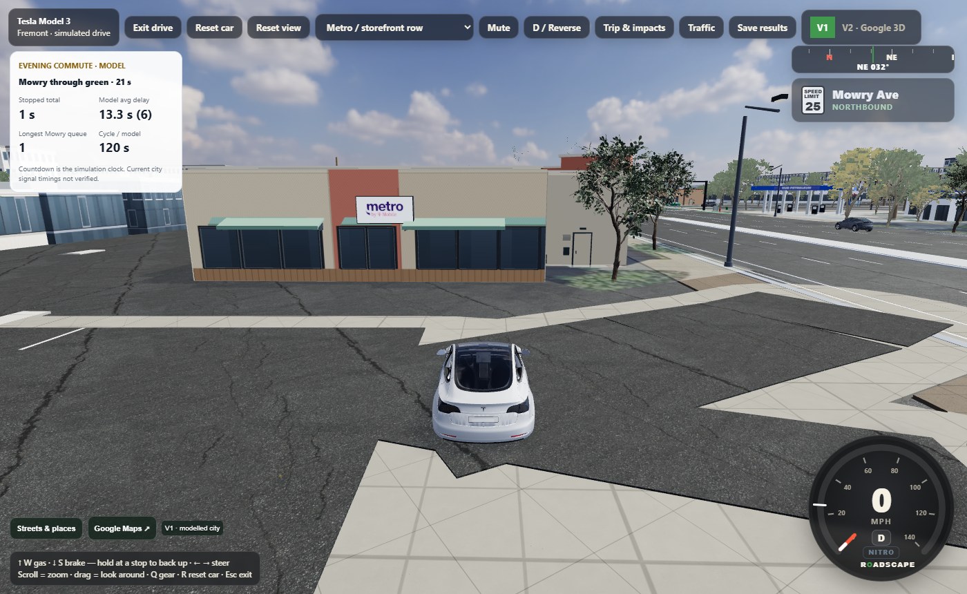 Roadscape V1 gameplay: Fremont storefronts and a drivable car