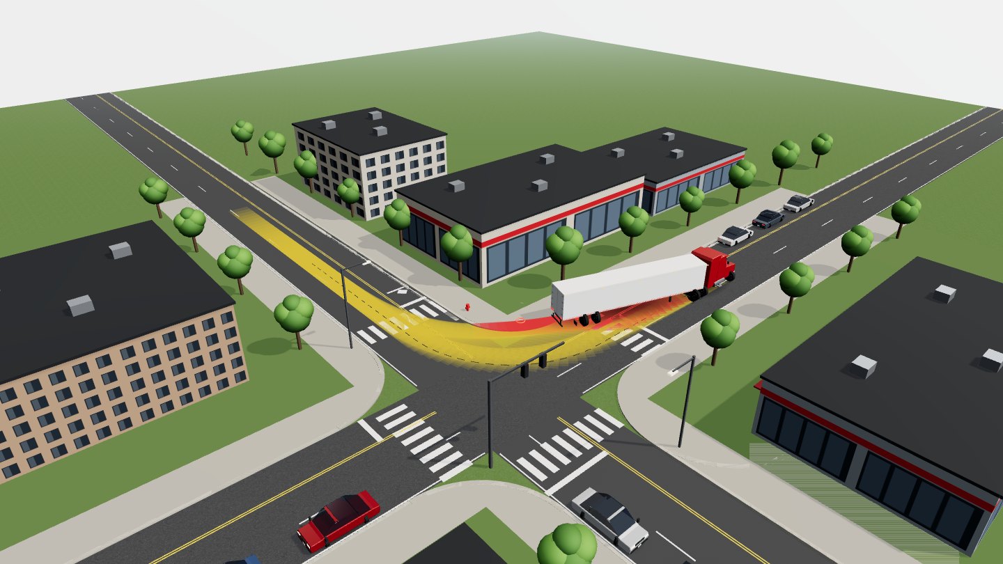 Live 3D simulator drone view of a semi mounting the curb return