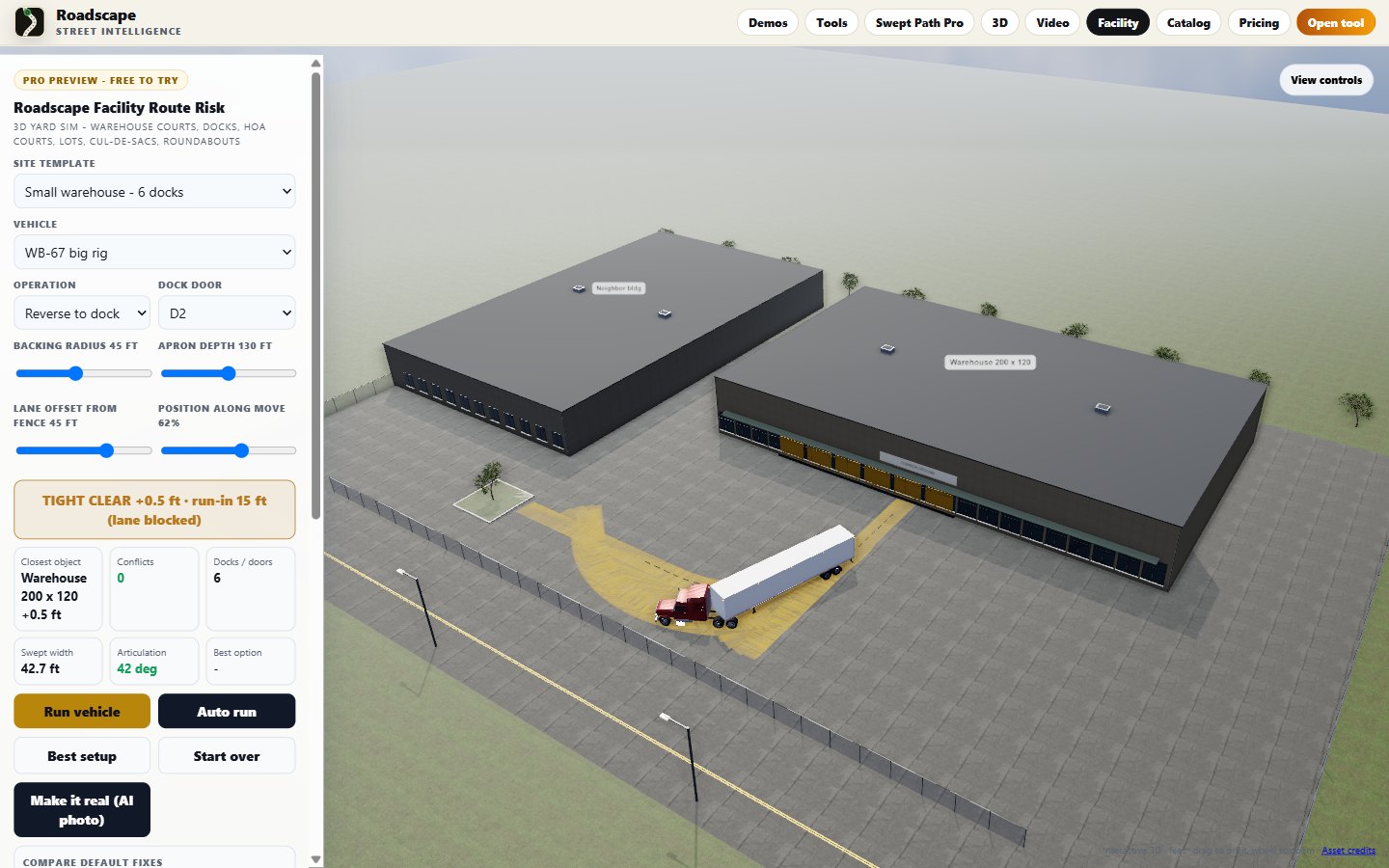 Roadscape Facility Route Risk 3D: WB-67 big rig backing into a warehouse dock, drone view
