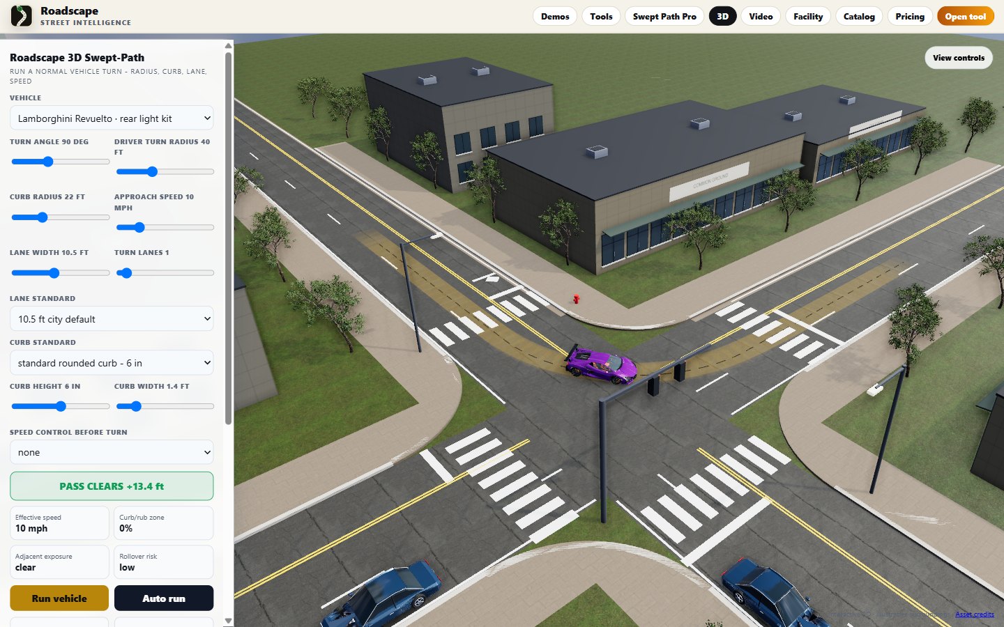 Live 3D simulator, actual in-app view: Lamborghini Revuelto mid-turn in drone view with the control panel open