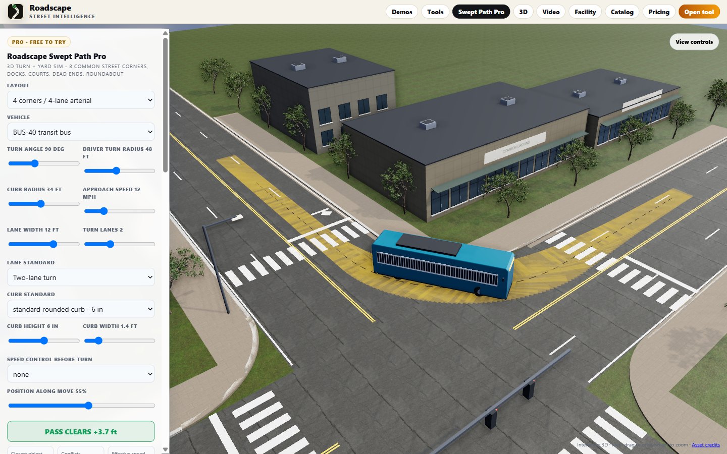 Roadscape Swept Path Pro 3D, actual in-app view: transit bus on the 4-lane arterial corner with the control panel open